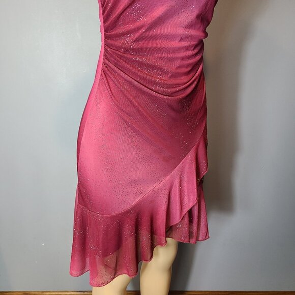 Vtg 90s Y2K Taboo Pink Glitter Asymmetrical Fairy Babydoll Dress Size M Ruched - Picture 3 of 10